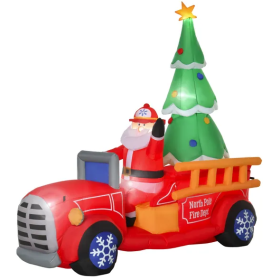 HOMCOM 7.5ft Christmas Inflatable Santa Claus Driving A Fire Truck With Tree, Outdoor Blow-Up Yard Decoration With LED Lights Display